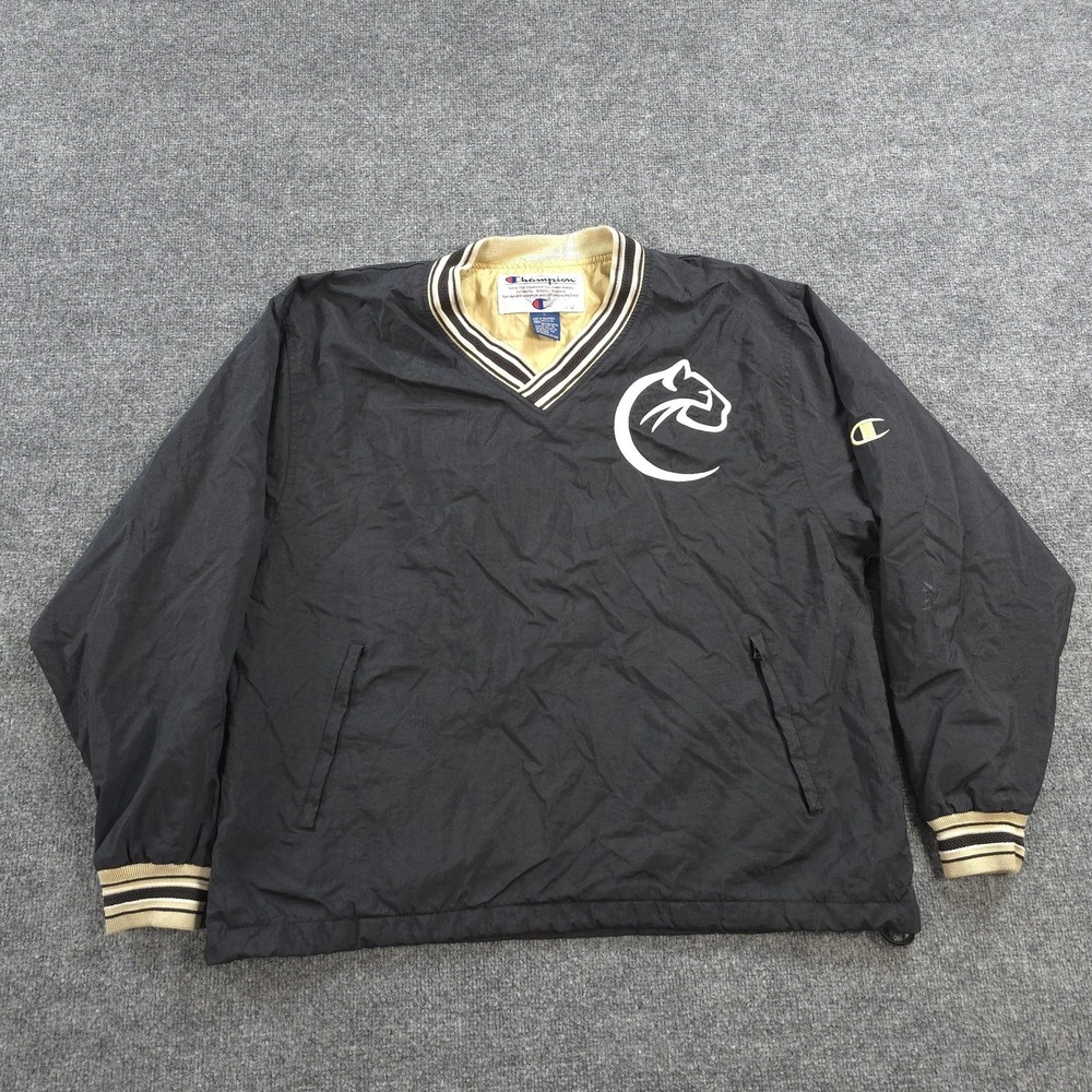 Vintage Champion Jacket Mens L Black Pullover Windbreaker Cougar Logo Gold